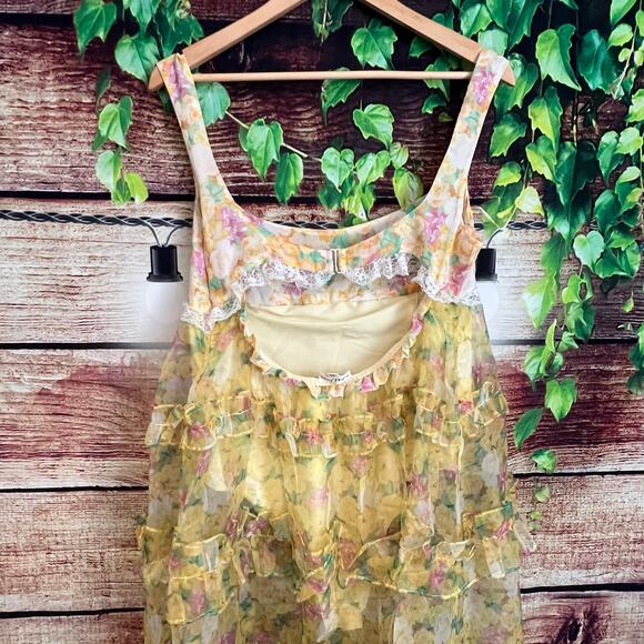 For Love & Lemons Vikki Maxi Dress Large Tiered Floral Ruffles Lace Sheer Yellow - Picture 11 of 12